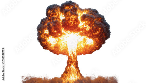 Fotografie Massive mushroom cloud explosion with fiery orange and red flames, isolated on t