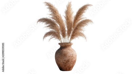 Foto Fluffy pampas grass plumes in a textured terracotta vase, isolated on transparen