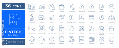 Fintech Line Icons Set - 36 Banking, Finance, Payment, Investment & Mobile Banking Outline Vector Icons