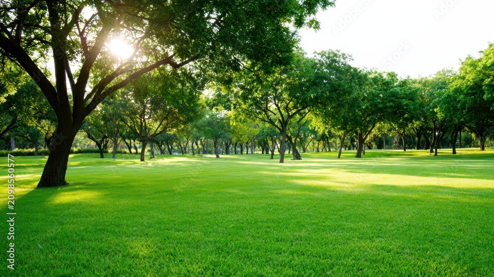 Obraz premium Sunlight streams through lush green trees onto a perfectly manicured lawn