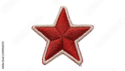 Foto Embroidered red five-pointed star patch with cream border, isolated on transpare