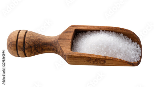 Tableau sur toile Wooden scoop filled with coarse sea salt, isolated on transparent background