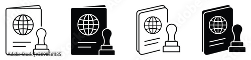 Passport and immigration stamp icon set for travel visa, international tourism, border control, citizenship.