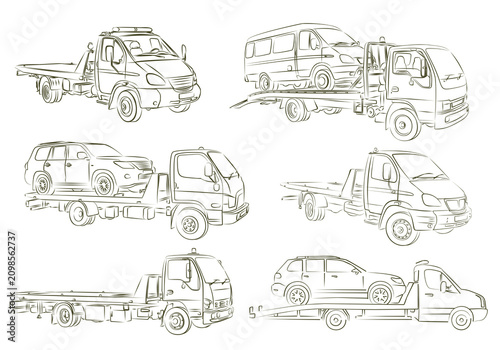 Sketches of tow trucks and cars.