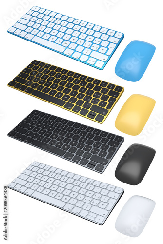 Colorful wireless computer keyboards with matching mice in modern style isolated on white background