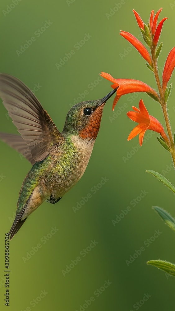 Fototapeta premium Hummingbird feeding vibrant flower