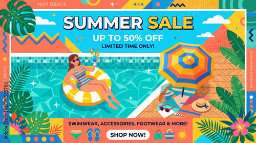Flat vector illustration of a summer sale banner featuring a woman floating in a swimming pool