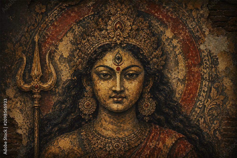 Obraz premium Goddess Durga portrait in an intricate antique golden textured artwork with trident and ornate spiritual details
