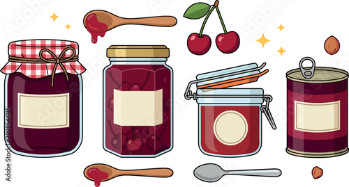 Cherry jam vector illustration set featuring glass jars with blank labels metal tin can fresh berries and wooden spoons in flat style