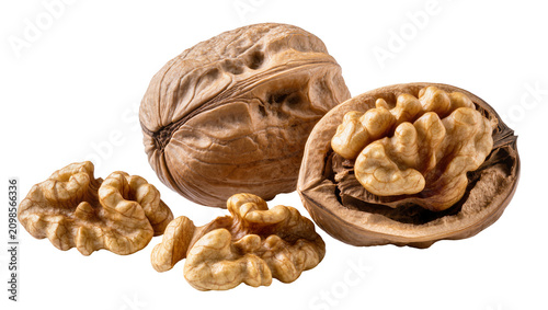 Obraz na płótnie Whole and cracked walnuts with kernels, isolated on transparent background