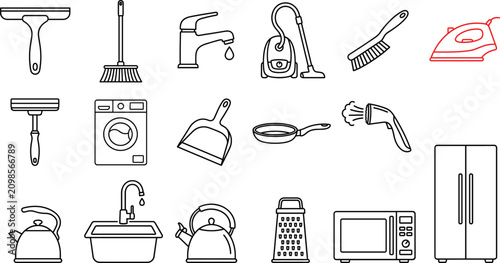Photos Home appliances and domestic cleaning housekeeping icon set with refrigerator mi