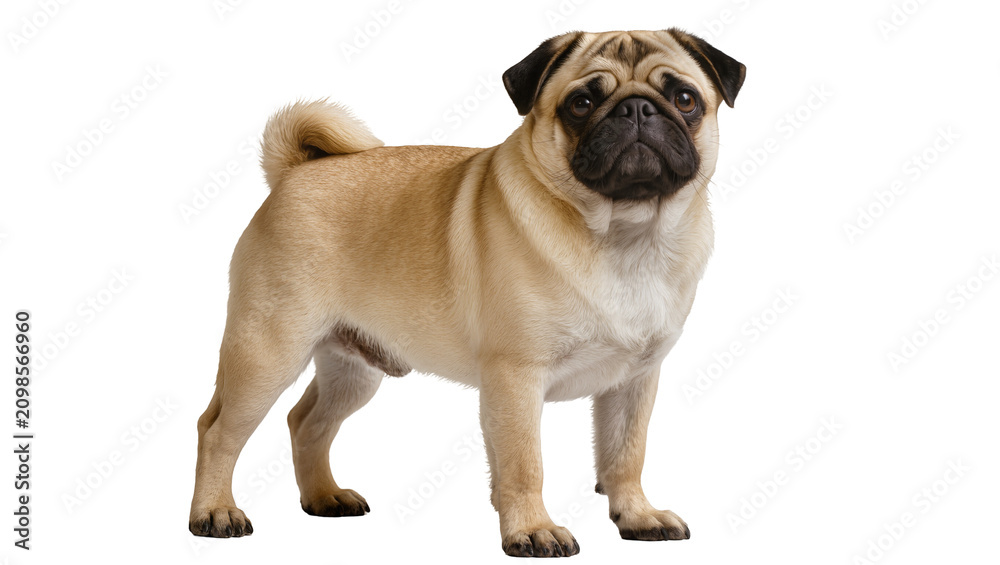 Fototapeta premium Fawn pug dog with curled tail standing alert, isolated on transparent background