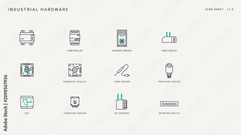 Naklejka premium Industrial computer hardware icon set – Great for B2B technology sites, industrial IoT promotions, or automation systems.