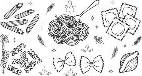 Photos Italian pasta varieties spaghetti fork penne ravioli farfalle fusilli conchiglie