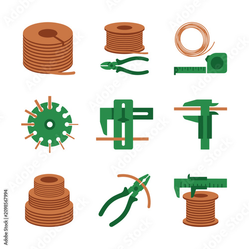 Collection of simple flat design icons representing construction and measuring tools, including wire spools, pliers, calipers, and a tape measure