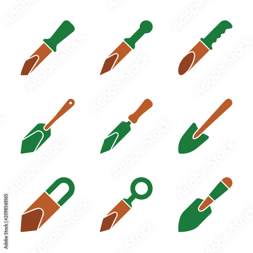 Collection of nine garden tool icons, simple flat design in green and brown, representing gardening and cultivation