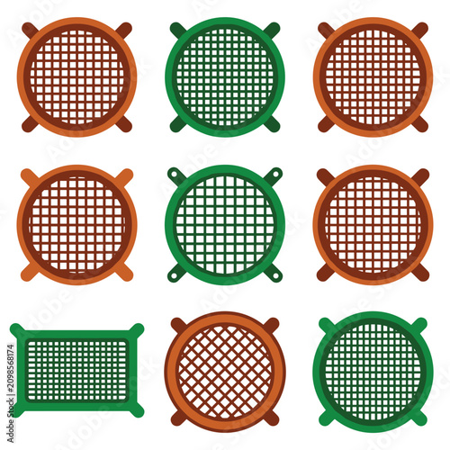 Nine round and square frames with grid pattern, arranged in a 3x3 grid, in brown and green colors, simple flat design elements