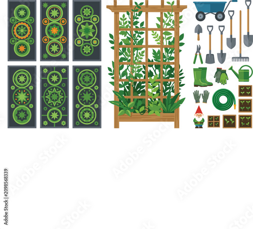 Obraz na plátně Gardening Tool Kit Vector Illustration with Wooden Trellis Planter, Climbing Ivy