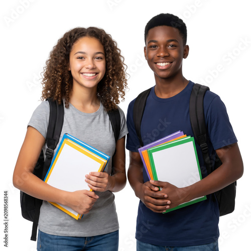 Bright and happy teenage students, a smiling boy and girl with books and backpacks, embodying education, learning, and friendship, Isolated on a Transparent Background PNG