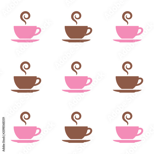 Set of nine pixelated coffee cup icons in pink and brown, alternating rows, with steam swirls, representing beverage choices or cafe menu, isolated on white