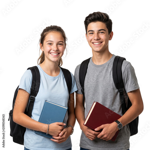 Smiling diverse teenage students holding books, ready for education, representing back to school concepts and learning together, Isolated on a Transparent Background PNG