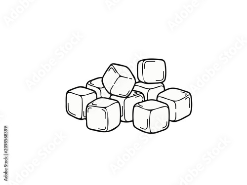 Hand-drawn pile of ice cubes line art illustration isolated on white background for drink design