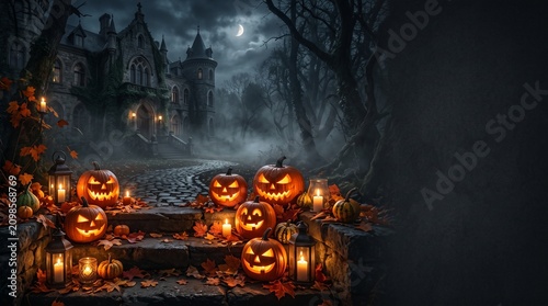 Creepy Cobblestone Pathway Lined with Carved Halloween Jack O Lanterns