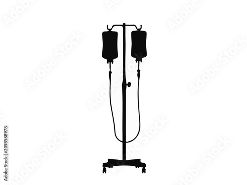 Silhouette of medical IV infusion drip stand with two saline bags and tubes isolated on white background