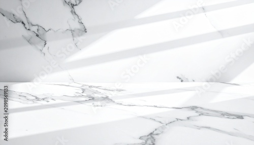 Minimalist white marble background with natural sunlight shadows for product display or cosmetic branding photography and mockups.