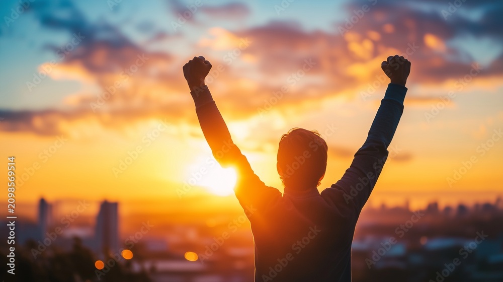 Fototapeta premium Silhouette person raises both arm at sunrise over city skyline, symbolizing achievement, success, goal setting, and victory.