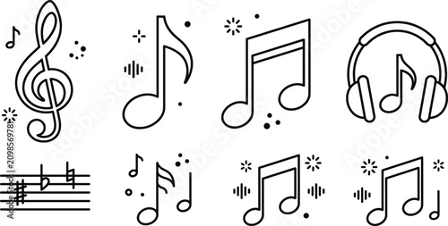 Foto Music notation and audio sound icon set with musical notes clef headphones stave