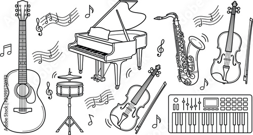 Fotografie Musical instruments guitar piano saxophone violin synthesizer snare drum notes l