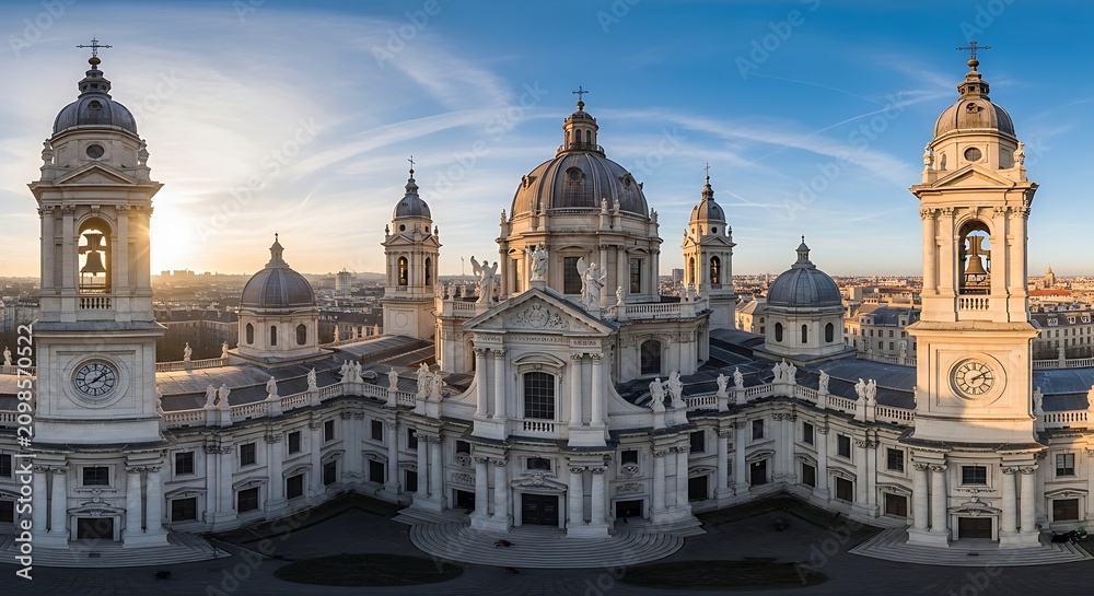 Obraz premium Panoramic view of Mafra National Palace and Basilica at sunset in Portugal.
