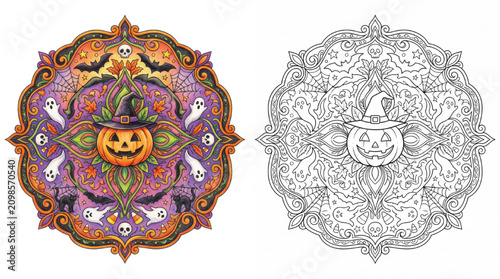 Colorful Halloween Mandala Coloring Pages for Adults in Color Pencil Style with Colored Example and Outline Version Isolated on Transparent Background