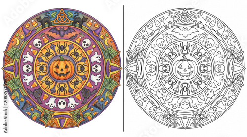 Color Pencil Style Halloween Mandala Coloring Pages for Adults with Colored Example and Outline Version Vector Illustration Isolated on Transparent Background