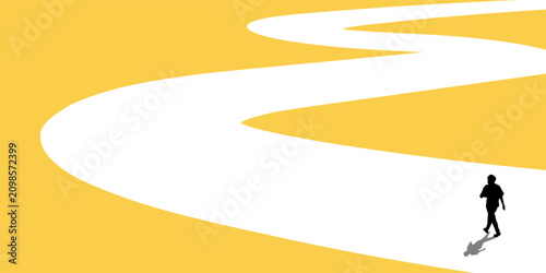 Minimalist Curved Road with Walking Person Silhouette, Abstract Journey Concept Background, Life Path, Success Direction, Opportunity, Career Growth and Future Vision Illustration