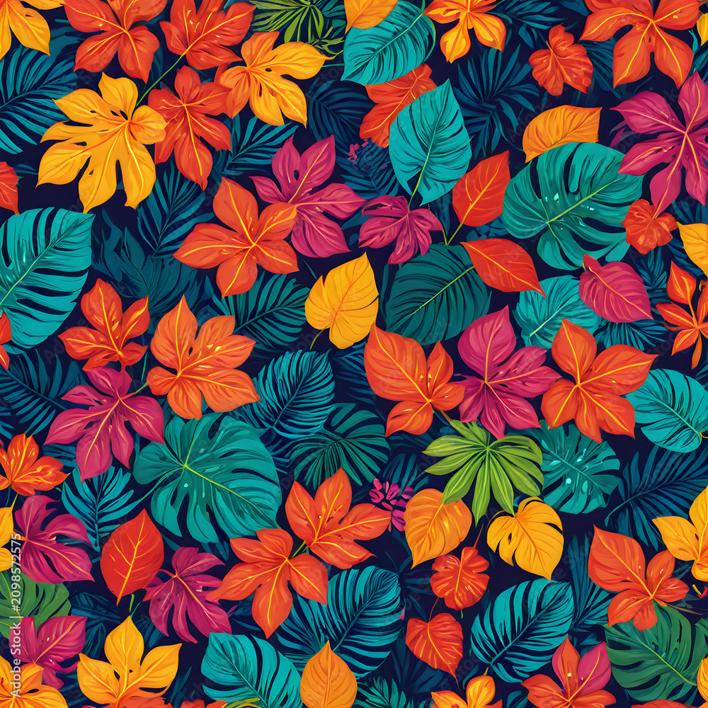 Fototapeta premium Tropical leaves display a vibrant pattern of autumn colors across a dense botanical backdrop.