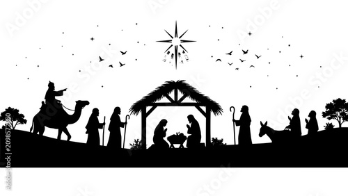 Foto Christmas nativity scene silhouette with holy family and star of bethlehem