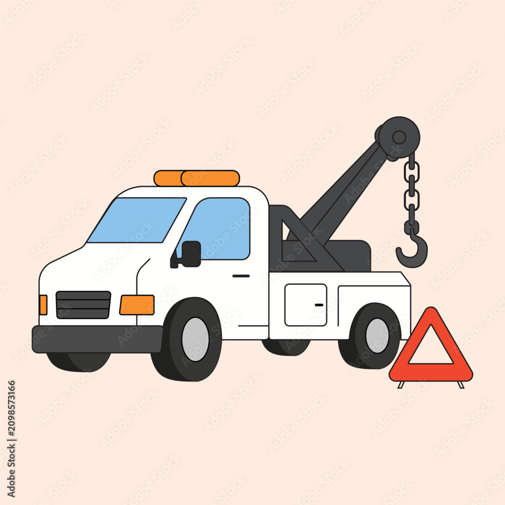 Naklejka premium Emergency Tow Truck with Warning Triangle | Roadside Assistance Flat Vector Illustration