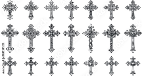 Bild auf Leinwand Vintage Ornate Christian Cross Icon Set Featuring Detailed Gothic Celtic and Bar