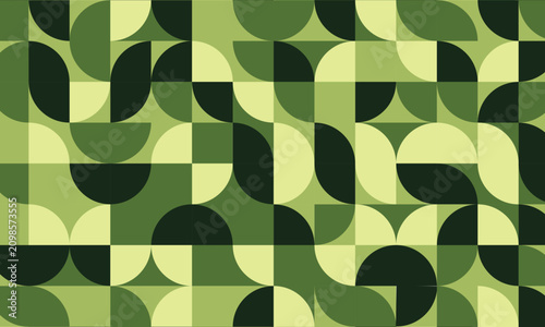 A seamlessly connecting abstract geometric pattern featuring green circles and organic petal shapes in a mid-century modern retro style.