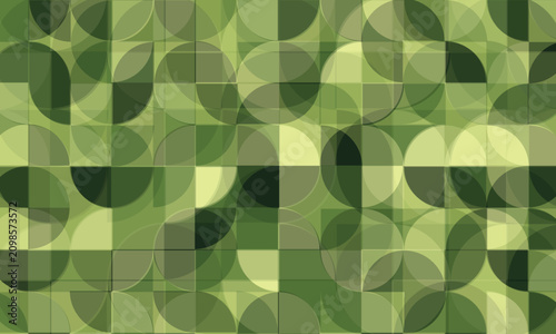 A seamlessly connecting abstract geometric pattern featuring green circles and organic petal shapes in a mid-century modern retro style.