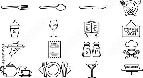 Bild auf Leinwand Restaurant and cafe line icon set with cutlery menu wine glass bill salt pepper