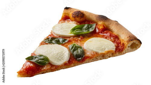 Foto Delicious slice of Neapolitan pizza with fresh mozzarella and basil, isolated on