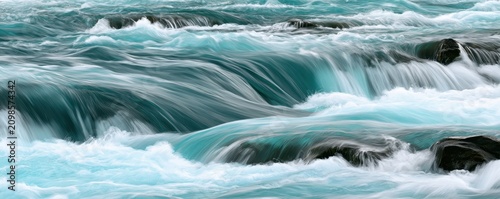 Turbulent blue river water flowing rapidly over dark rocks in  mountain stream during the daytime
