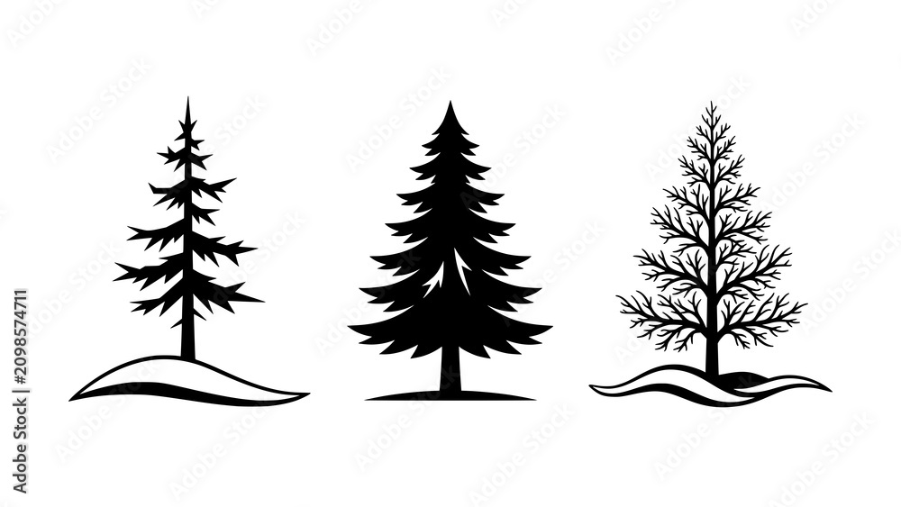 Obraz premium Set of three stylized pine tree silhouettes for seasonal landscape design