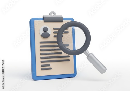 3D Illustration of a Clipboard with Resume and Magnifying Glass for Recruitment and Job Search Concepts