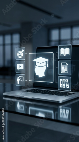 Modern laptop on glass desk with glowing virtual education hologram showing graduation cap and learning icons
