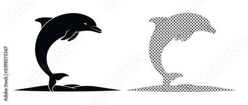 Valokuva Jumping dolphin vector illustration, black silhouette and halftone dot pattern,