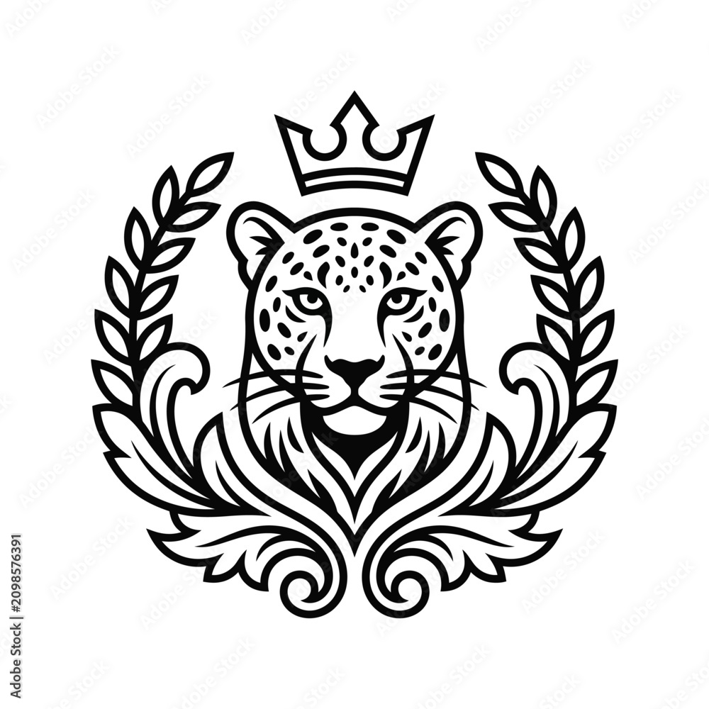 Obraz premium A regal leopard head with a crown sits amidst laurel leaves and geometric patterns in a centered composition.